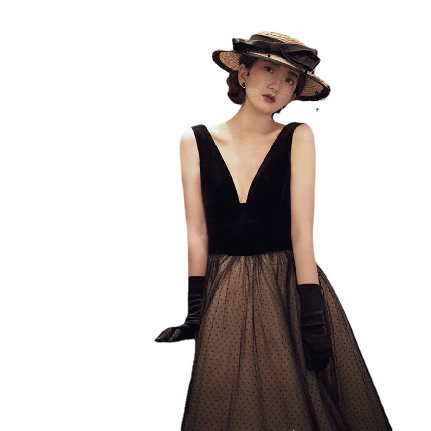 Sleeveless Plunge Dotted Mesh Panel Open Back A-Line Evening Gown