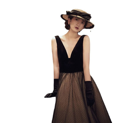 Sleeveless Plunge Dotted Mesh Panel Open Back A-Line Evening Gown