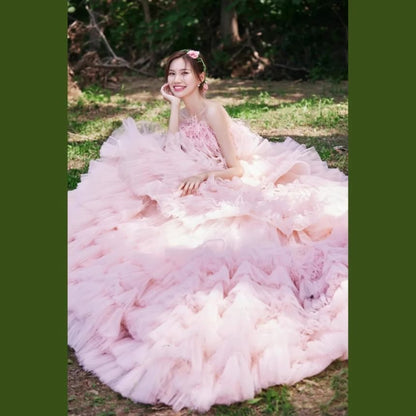 Strapless Feather Panel Tiered Trained A-Line Evening Gown