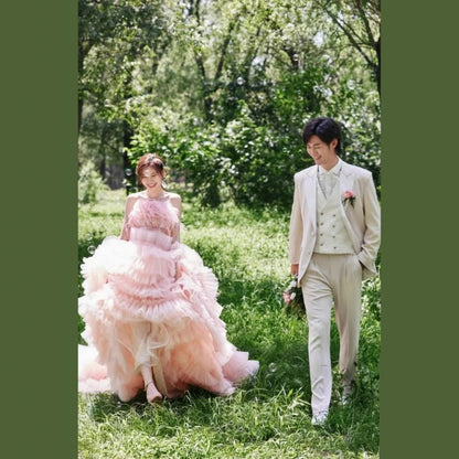 Strapless Feather Panel Tiered Trained A-Line Evening Gown