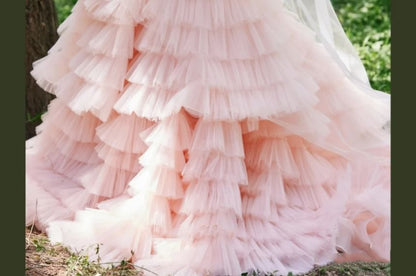 Strapless Feather Panel Tiered Trained A-Line Evening Gown