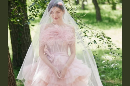 Strapless Feather Panel Tiered Trained A-Line Evening Gown