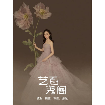 Strapless Plain Tiered Trained A-Line Evening Gown