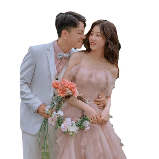 Spaghetti Strap Plain Ruffle Trim A-Line Evening Gown