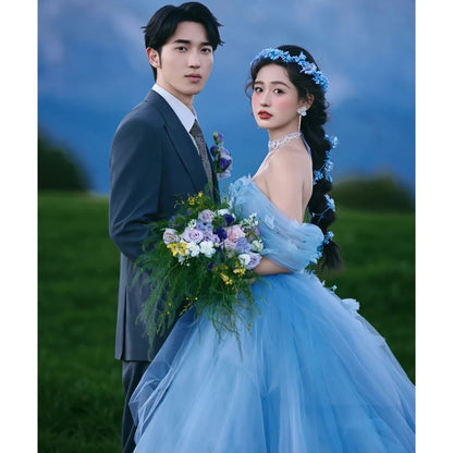 Off-Shoulder Flower Accent Trained Ball Gown