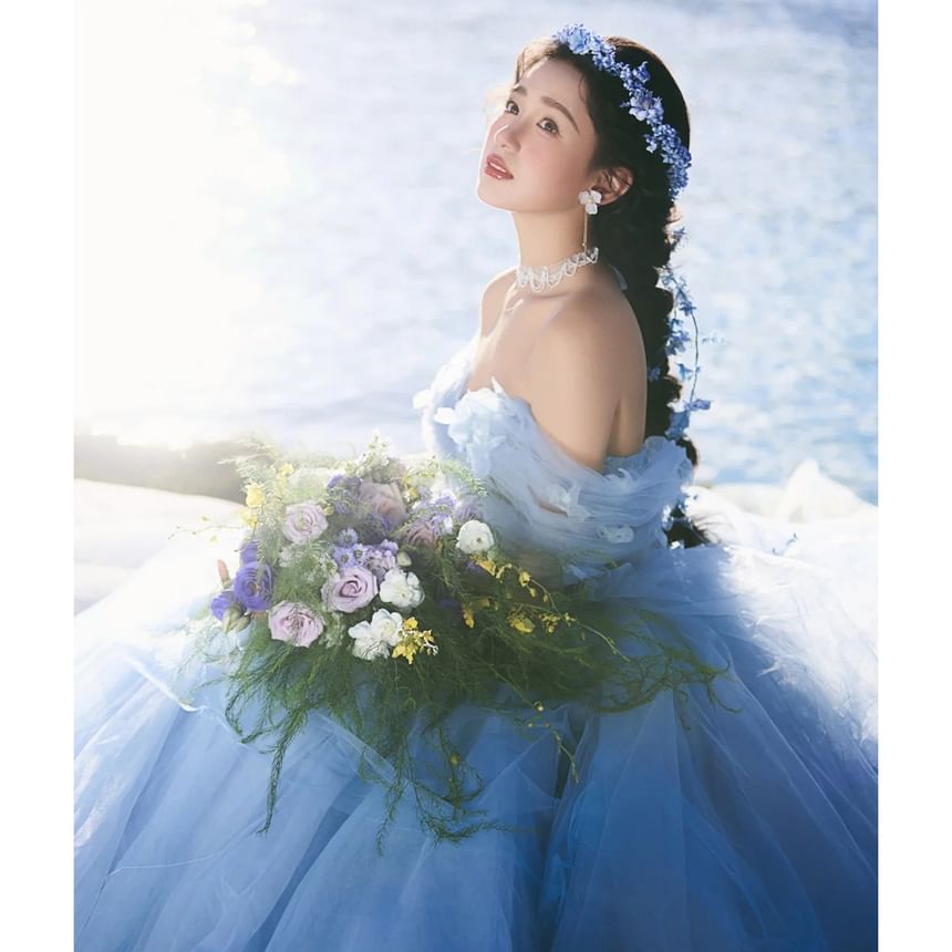 Off-Shoulder Flower Accent Trained Ball Gown