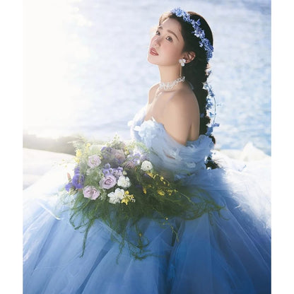 Off-Shoulder Flower Accent Trained Ball Gown