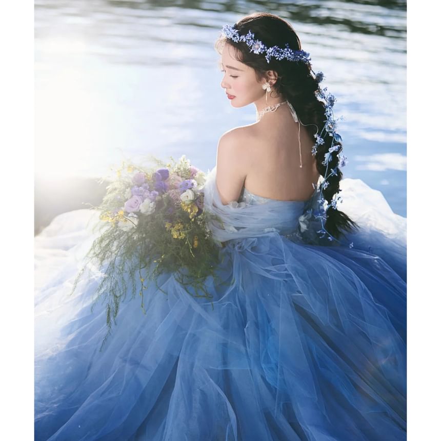 Off-Shoulder Flower Accent Trained Ball Gown