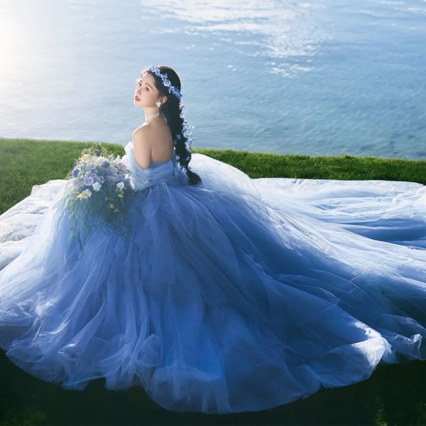 Off-Shoulder Flower Accent Trained Ball Gown