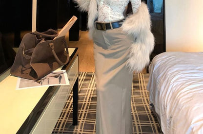 Lace-Trimmed Collared Top Paired with Flowing Maxi Skirt