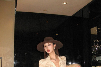 Lace-Trimmed Collared Top Paired with Flowing Maxi Skirt