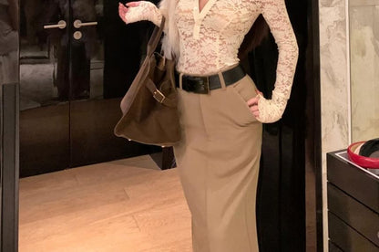 Lace-Trimmed Collared Top Paired with Flowing Maxi Skirt