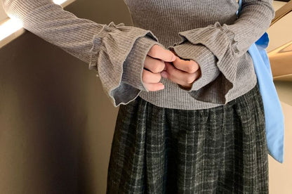 Ruffle-Trim Mock Neck Blouse with Long Sleeves