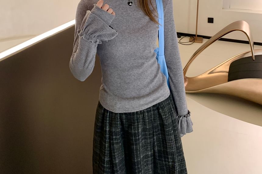 Ruffle-Trim Mock Neck Blouse with Long Sleeves