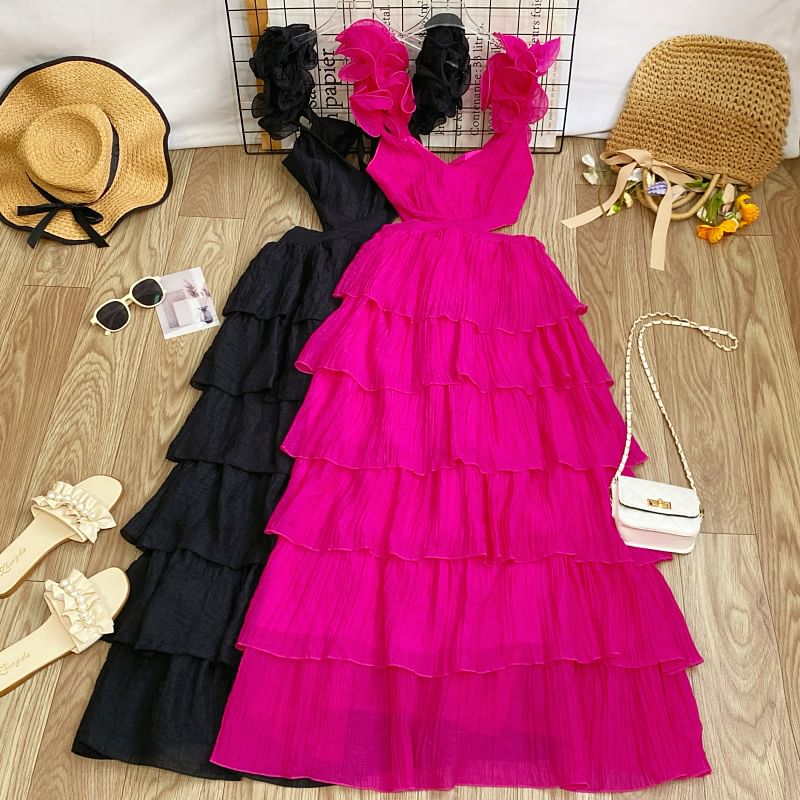 Sleeveless Square Neck Plain Cutout Tiered Maxi Dress