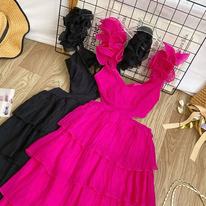 Sleeveless Square Neck Plain Cutout Tiered Maxi Dress