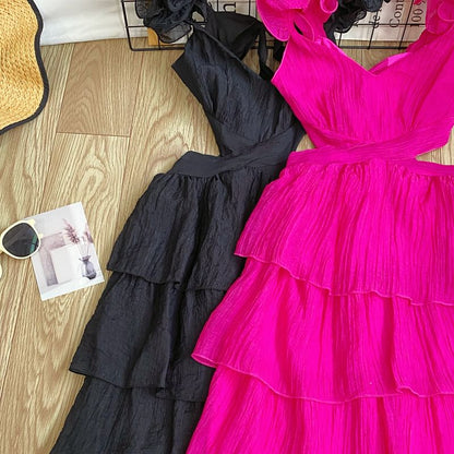 Sleeveless Square Neck Plain Cutout Tiered Maxi Dress