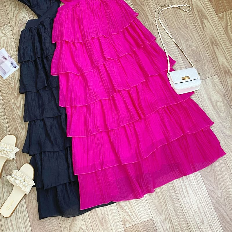 Sleeveless Square Neck Plain Cutout Tiered Maxi Dress