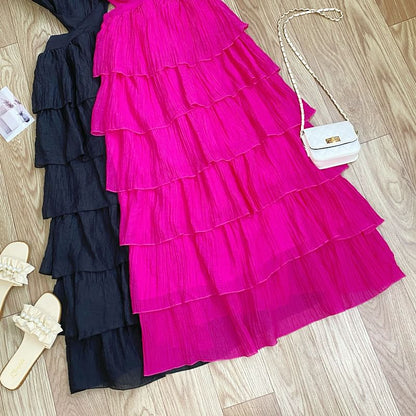 Sleeveless Square Neck Plain Cutout Tiered Maxi Dress
