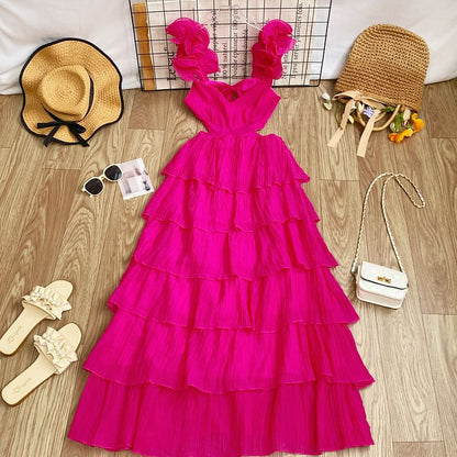 Sleeveless Square Neck Plain Cutout Tiered Maxi Dress