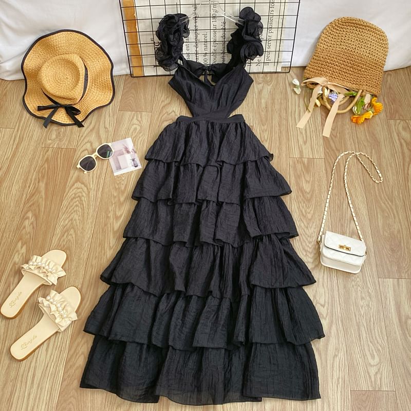 Sleeveless Square Neck Plain Cutout Tiered Maxi Dress