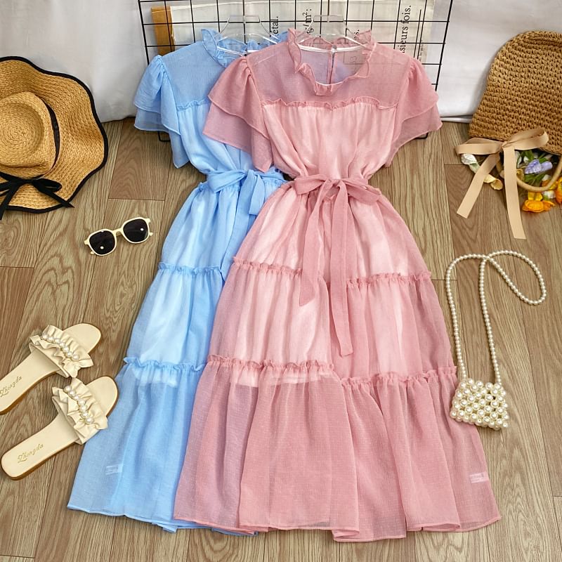Short-Sleeve Round Neck Plain Ruffle Trim Maxi A-Line Dress