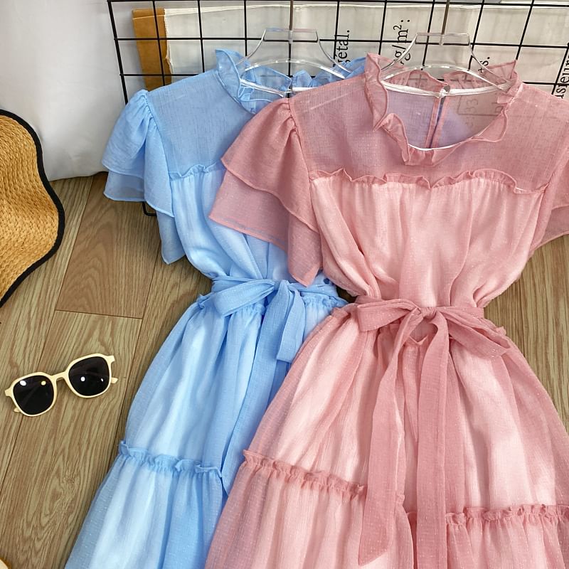 Short-Sleeve Round Neck Plain Ruffle Trim Maxi A-Line Dress