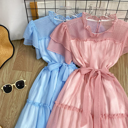 Short-Sleeve Round Neck Plain Ruffle Trim Maxi A-Line Dress