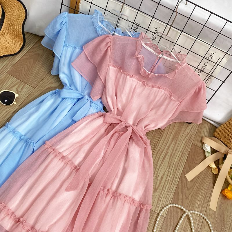 Short-Sleeve Round Neck Plain Ruffle Trim Maxi A-Line Dress