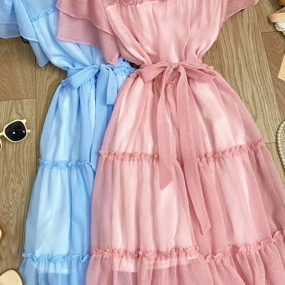Short-Sleeve Round Neck Plain Ruffle Trim Maxi A-Line Dress