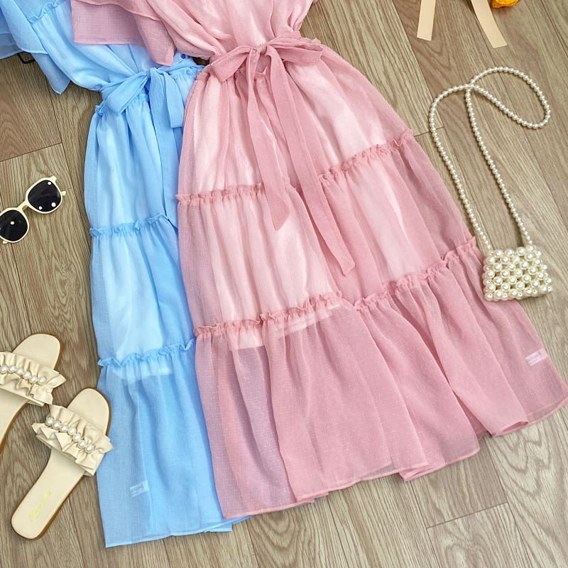 Short-Sleeve Round Neck Plain Ruffle Trim Maxi A-Line Dress