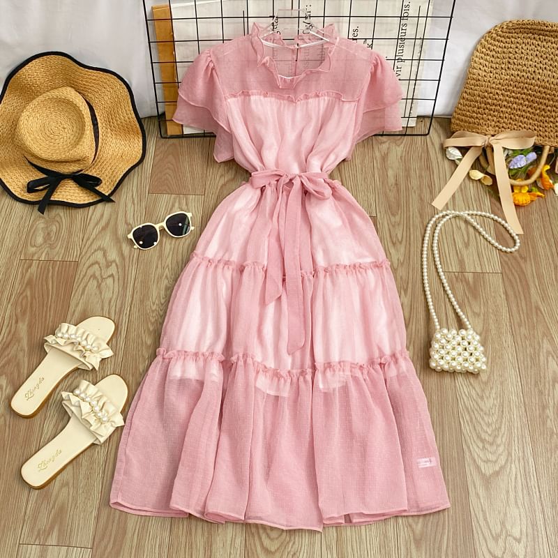 Short-Sleeve Round Neck Plain Ruffle Trim Maxi A-Line Dress