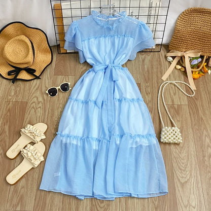 Short-Sleeve Round Neck Plain Ruffle Trim Maxi A-Line Dress