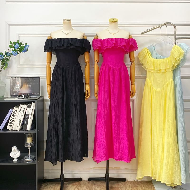 Short-Sleeve Off Shoulder Plain Ruffle Trim Maxi A-Line Dress