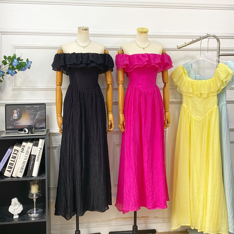 Short-Sleeve Off Shoulder Plain Ruffle Trim Maxi A-Line Dress