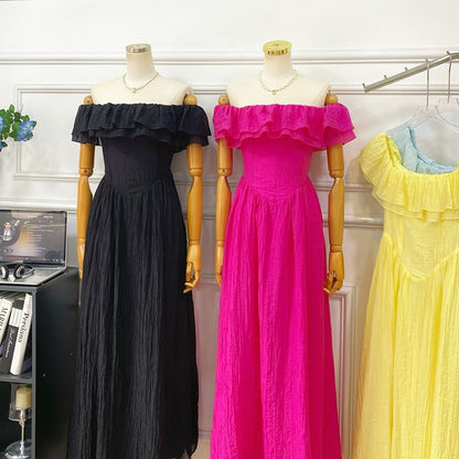 Short-Sleeve Off Shoulder Plain Ruffle Trim Maxi A-Line Dress