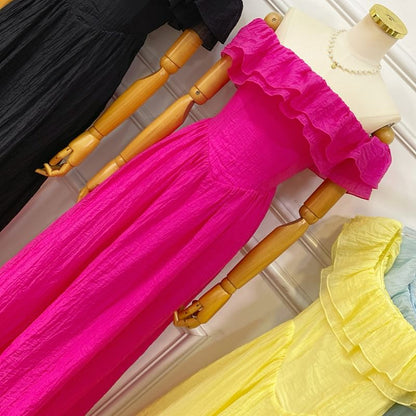 Short-Sleeve Off Shoulder Plain Ruffle Trim Maxi A-Line Dress