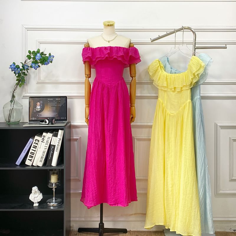 Short-Sleeve Off Shoulder Plain Ruffle Trim Maxi A-Line Dress