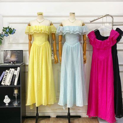 Short-Sleeve Off Shoulder Plain Ruffle Trim Maxi A-Line Dress
