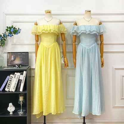Short-Sleeve Off Shoulder Plain Ruffle Trim Maxi A-Line Dress