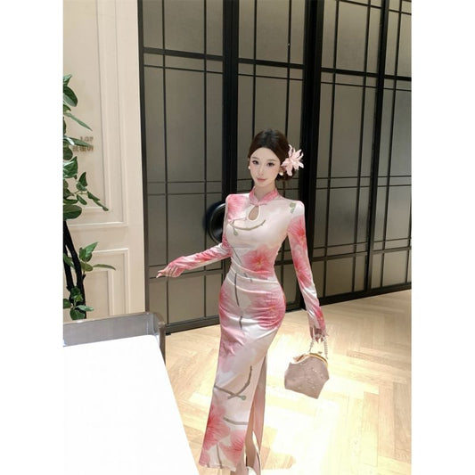 Long-Sleeve Floral Side-Slit Cutout Maxi Qipao