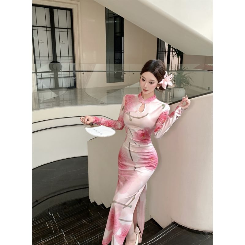 Long-Sleeve Floral Side-Slit Cutout Maxi Qipao