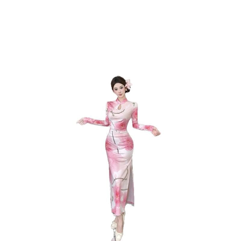 Long-Sleeve Floral Side-Slit Cutout Maxi Qipao