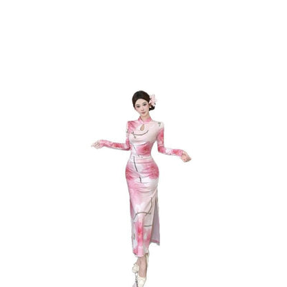 Long-Sleeve Floral Side-Slit Cutout Maxi Qipao