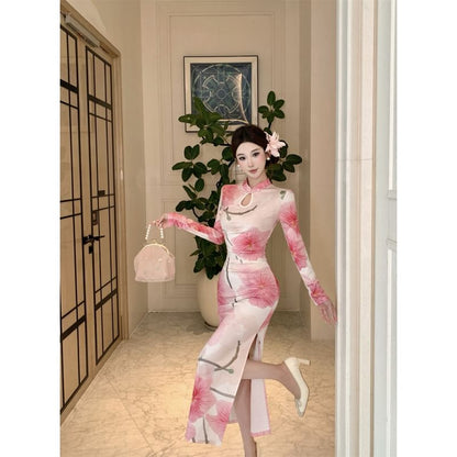 Long-Sleeve Floral Side-Slit Cutout Maxi Qipao