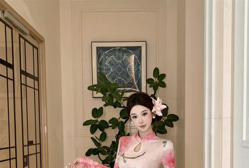 Long-Sleeve Floral Side-Slit Cutout Maxi Qipao