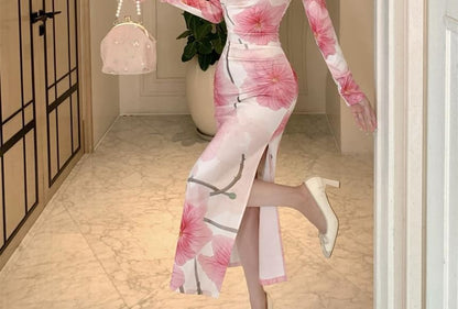 Long-Sleeve Floral Side-Slit Cutout Maxi Qipao