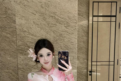 Long-Sleeve Floral Side-Slit Cutout Maxi Qipao