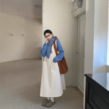 Turtleneck Plain Sweater / Sleeveless Ribbed Maxi A-Line Dress