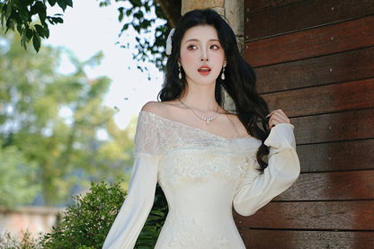 Long Sleeve One Shoulder Plain Fluffy Panel Lace Maxi Mermaid Dress